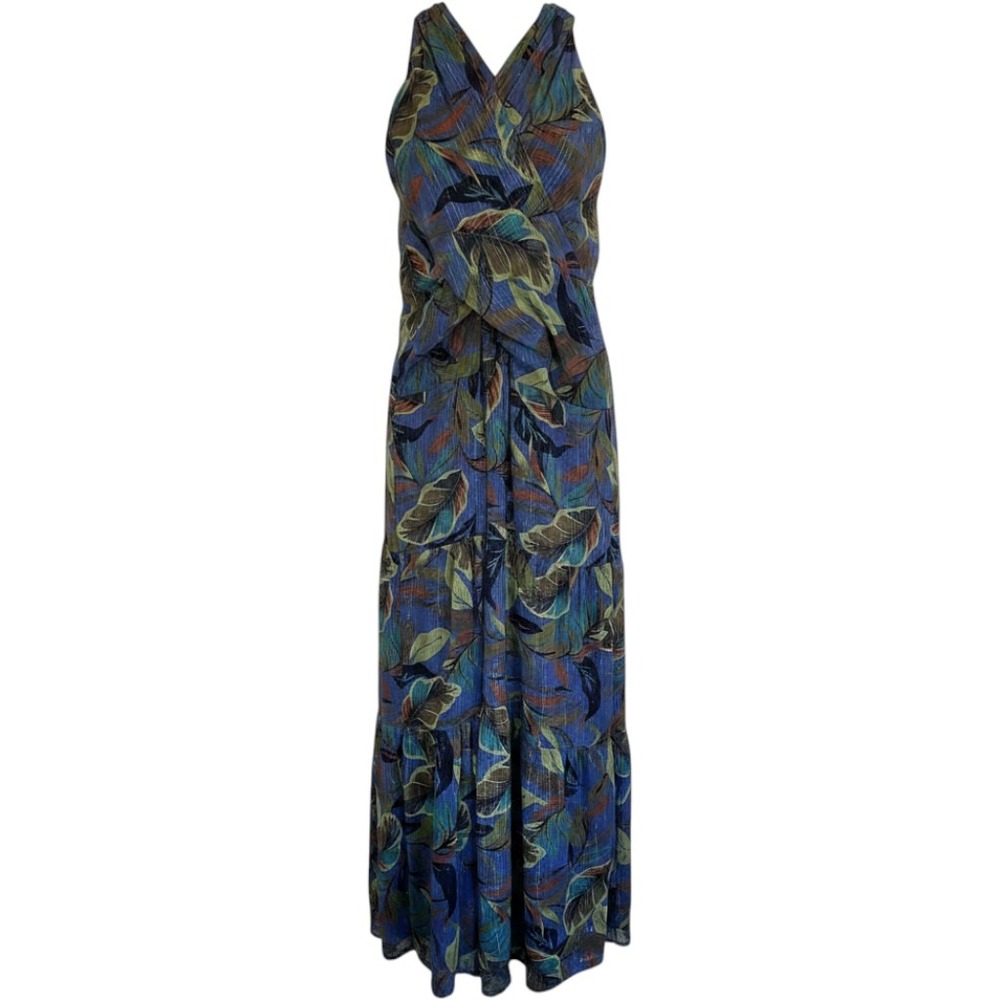 NWT Nicole Miller New York Blue Tropical Metallic Lurex Tiered Maxi Dress 16